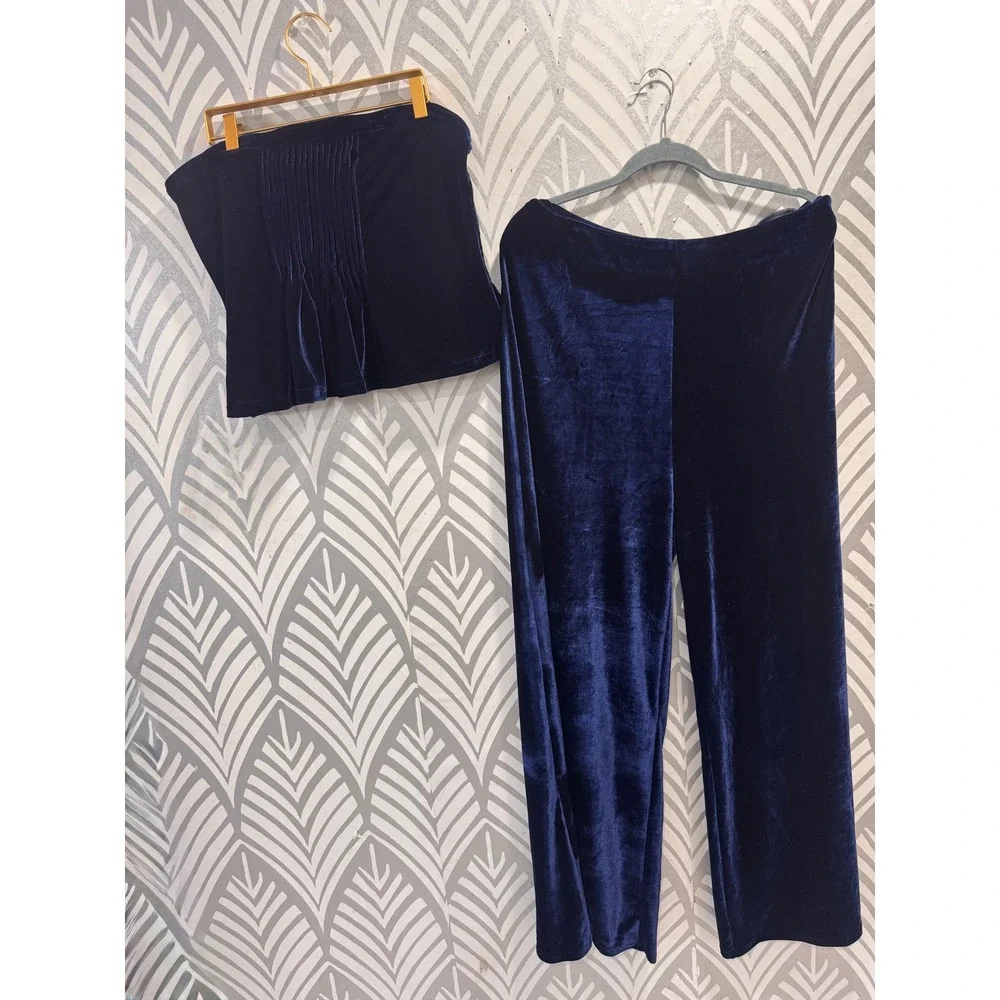Petal&Pup Sutton Navy Velvet Two Piece Strapless Peplum Top Wide Leg Pants XL